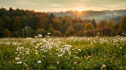 Early evening sunlight. Majestic nature daisy flowers. Golden soft green sunset colors white blossoms stunning defocused panoramic lush foliage landscape. Enchanting autumn forest closeup meadow flora © Abdullah