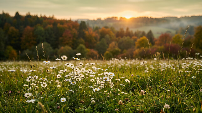 Early evening sunlight. Majestic nature daisy flowers. Golden soft green sunset colors white blossoms stunning defocused panoramic lush foliage landscape. Enchanting autumn forest closeup meadow flora