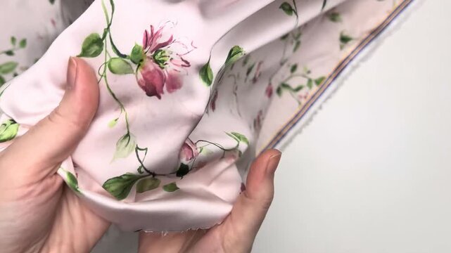 Pale pink polyester spandex silk satin textile displaying a climbing botanical vine pattern ideal for creating elegant flowing dresses and lightweight blouses with a smooth glossy surface