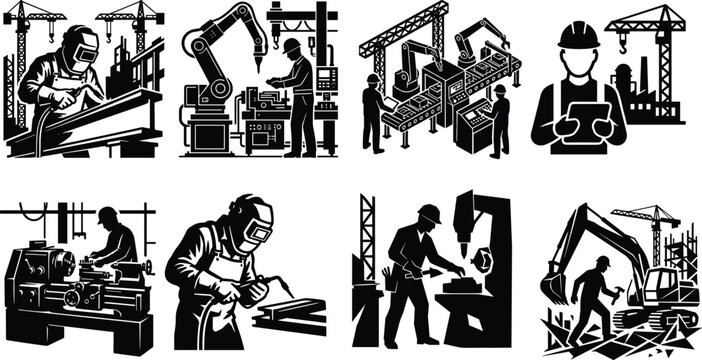 Industrial factory manufacturing vector set featuring welder silhouettes automated assembly robotic arms engineers and heavy construction machinery icons
