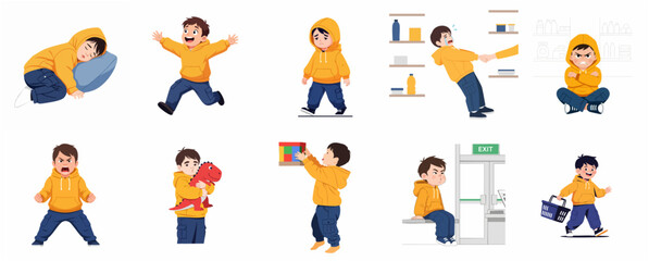 Vector set of a little boy character exhibiting diverse emotions and behaviors, from joy to anger and everyday activities © Patriiciia