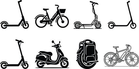 Eco friendly urban eco transport vector icons set featuring electric scooters bicycles motor moped and unicycle silhouettes © Saminur