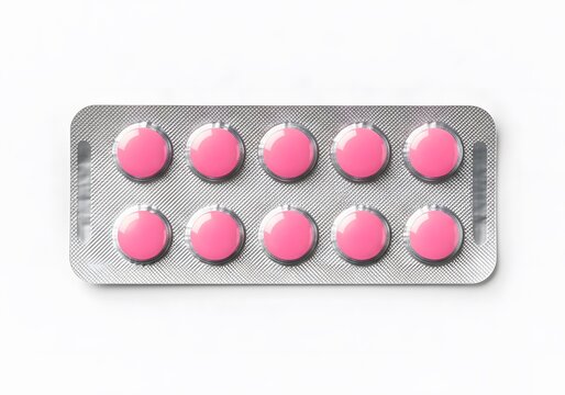 Pink medicinal pills in silver blister pack isolated on white background