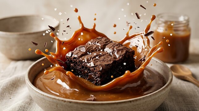 Kue cokelat pekat jatuh menghantam saus karamel cair melambangkan kenikmatan manis yang mewah dan godaan kuliner pencuci mulut premium