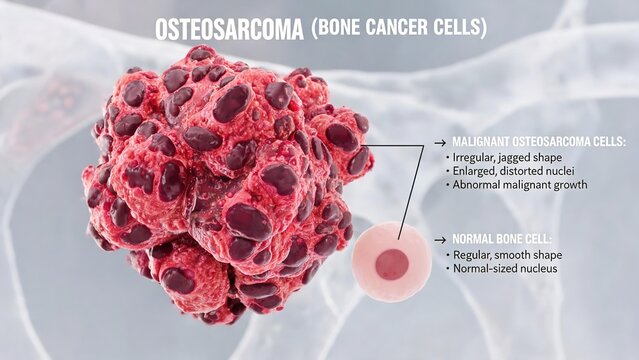 3D Medical Illustration Comparing Malignant Osteosarcoma (Bone Cancer) Cells with Normal Bone Cells, Highlighting Structural Abnormalities