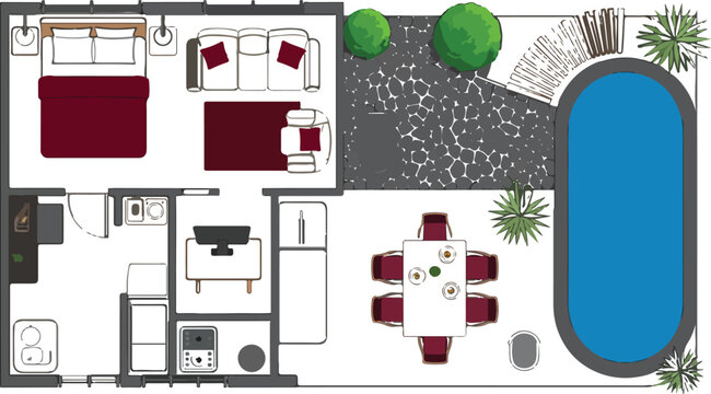 Floor plan of modern apartment with swimming pool and garden