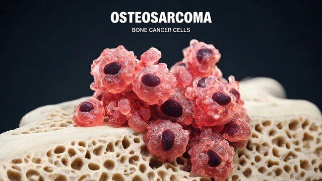 3D Rendering of Osteosarcoma (Bone Cancer Cells) on Spongy Bone Tissue
