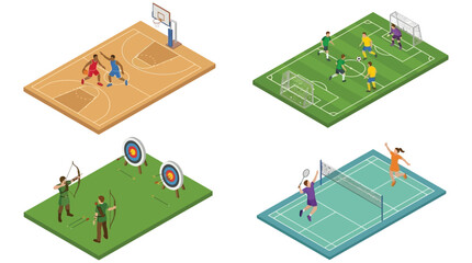 Naklejka premium Isometric sports scenes with basketball soccer archery and badminton