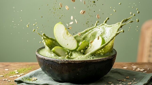 Beberapa irisan apel hijau tercebur menembus buih matcha latte yang melambangkan kekuatan nutrisi vegan dan vitalitas gaya hidup aktif