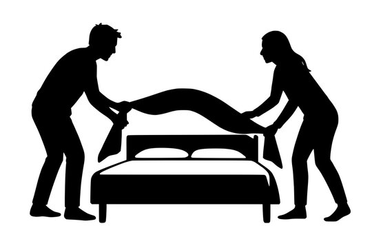 men and women making bed