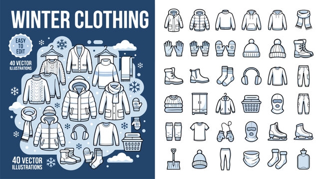 Winter clothing icon set, 40 vector illustrations of cold weather apparel. Seasonal fashion collection featuring jackets, sweaters, and outdoor gear for winter sports.