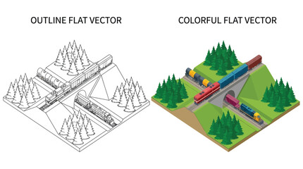 Isometric Train With Forest Landscape Colorful Flat Vector Illustration © Anjumanara Rakhi
