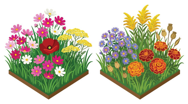 Isometric Flower Arrangements With Green Grass And Brown Bases
