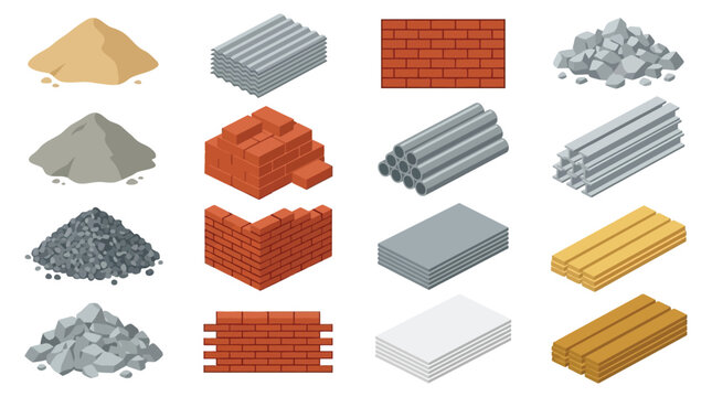 Construction Materials Isometric Illustration With White Background