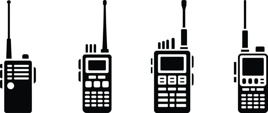 Walkie talkie radio communication icon set wireless signal waves vector illustration