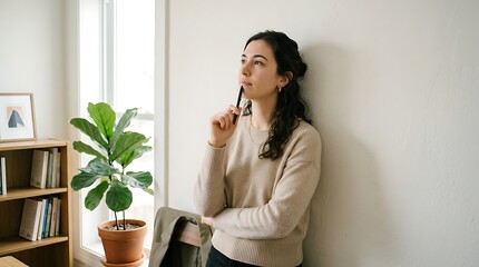 A young woman in casual clothing is thoughtfully looking away while holding a pen to her chin, appearing to be in a state of deep contemplation or decision-making