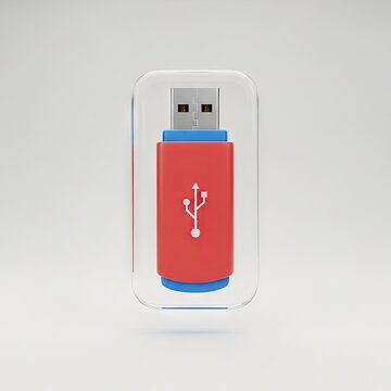 Red and Blue USB Flash Drive with Clear Casing on White Background.