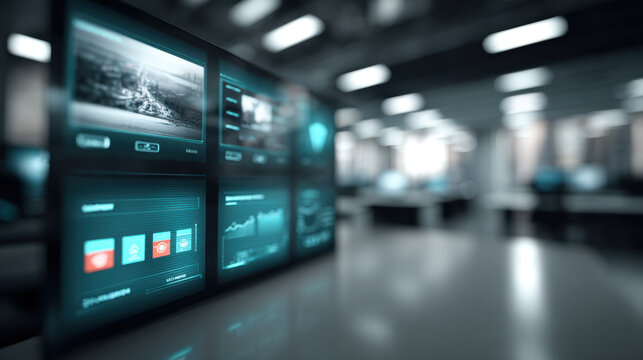Advanced digital monitoring screens displaying analytics, reports and visual data in a modern technology environment. Concept of business intelligence, cybersecurity, cloud computing and real-time inf