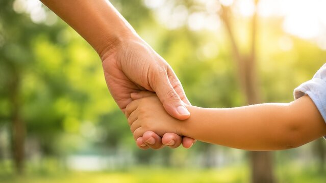 Parent-child bonding moment outdoor park family interaction green nature close-up perspective emotional connection highlighting trust and love