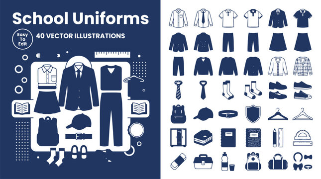 School Uniforms Vector Illustrations, 40 Icons Set of Student Apparel and Education Supplies, Navy Blue and White Academic Clothing Flat Icons