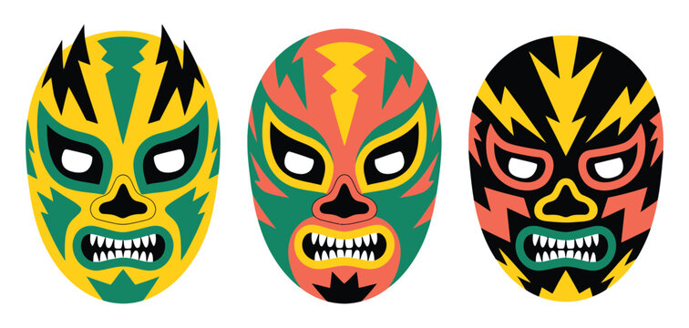 Luchador icon set featuring Mexican wrestling masks for lucha libre fighters, sport identity, and event branding vector graphics