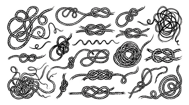 Close-up of tangled knots and loops in black ink on white paper, abstract and intricate design