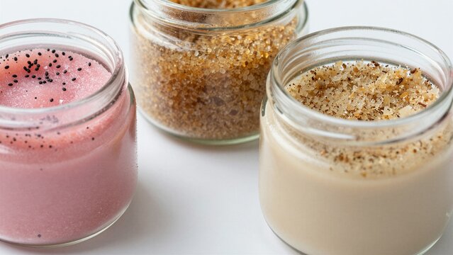 Three glass jars filled with colorful body scrubs on a white surface.