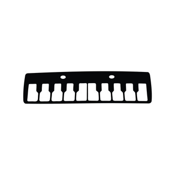Stylized black and white keyboard with several octaves in silhouette representation