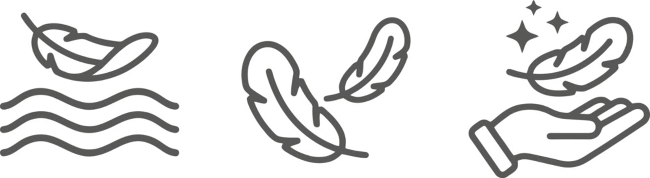 Feather icon set featuring floating plumes and hand gestures in a clean minimalist vector style for modern graphic design projects