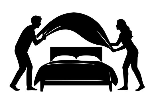 men and women making bed