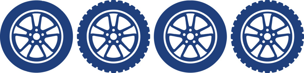 Obraz premium Car tires and vehicle wheels set featuring four blue circular icons isolated on white background for automotive industry design projects