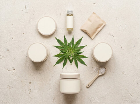 Hemp Leaf Spa Flat Lay Mockup With Jars Bottle Sachet And Limestone