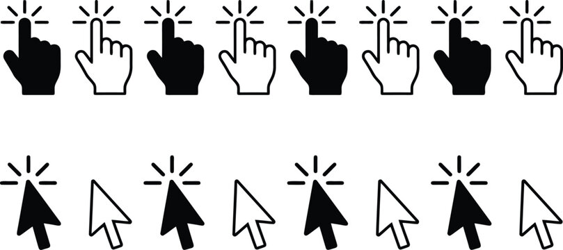 Hand cursor icons and computer mouse pointer symbols set for web interface design isolated on a clean white background