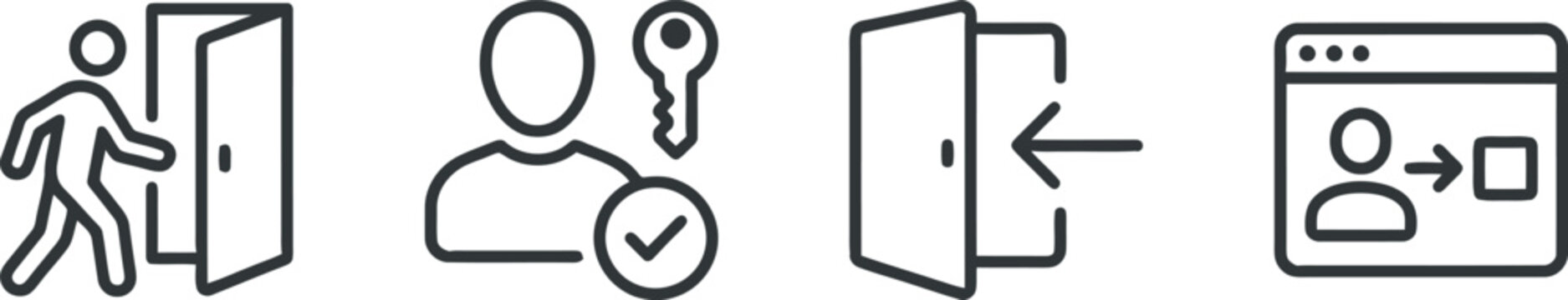 Login logout icons set featuring user authentication door entry exit and security access glyph symbols on a clean white background