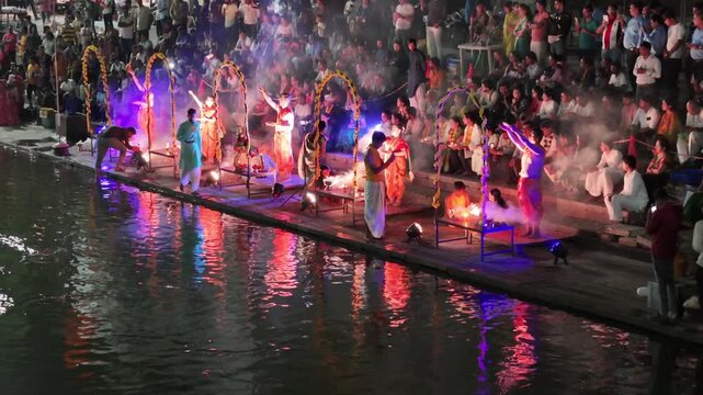 Aerial Night View of Ganga Aarti at Ramkund Ghat Nashik Maharashtra India