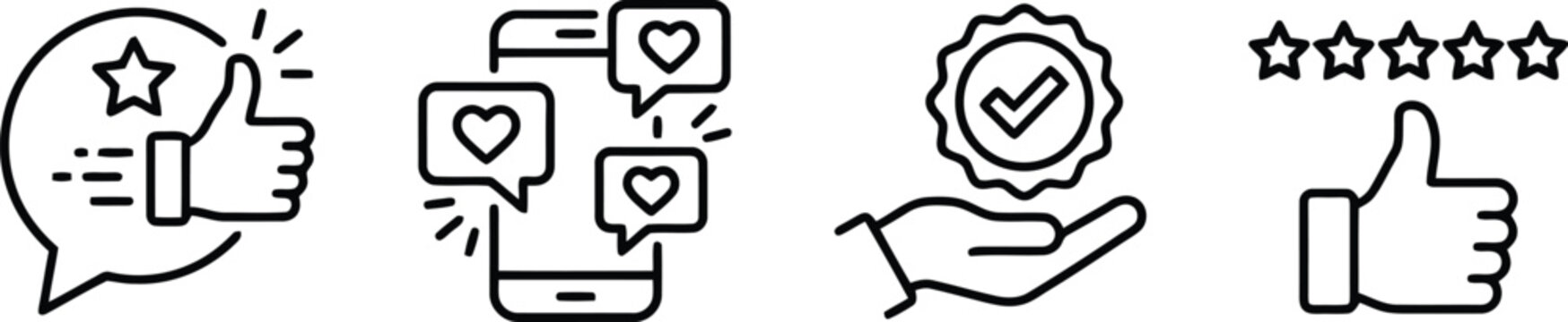 Social media marketing feedback icons set featuring thumb up symbols hearts speech bubbles and star ratings on white background