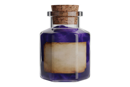 Small glass bottle with a cork stopper containing a mysterious glowing purple liquid and an old blank parchment paper label on a black background