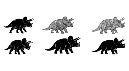 Obraz premium Triceratops Silhouette Collection On White Background Detailed Vector Illustrations dinosaur