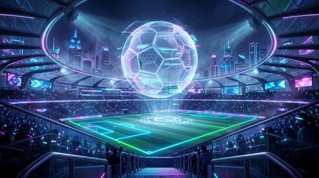 Futuristic mega soccer stadium with huge glowing hologram football over the pitch at night