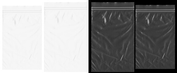 Transparent plastic zipper bag texture set, wrinkled polyethylene pouch overlays, clear and black zip lock packaging mockups for design © Ronju