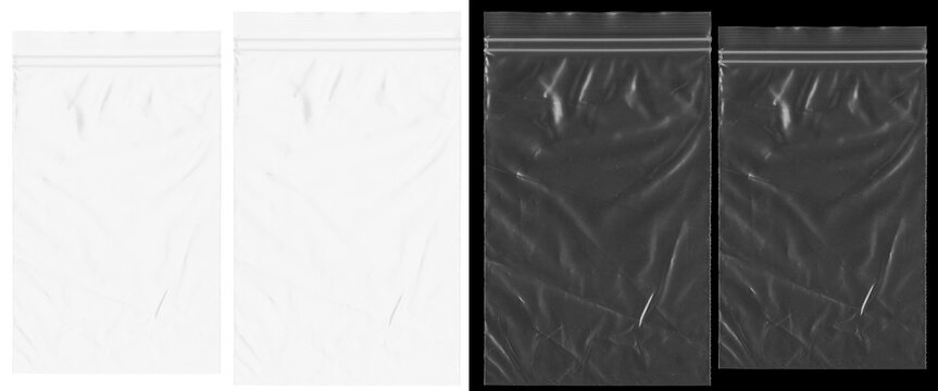 Transparent plastic zipper bag texture set, wrinkled polyethylene pouch overlays, clear and black zip lock packaging mockups for design