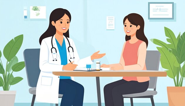 Doctor consulting with patient in office illustration.