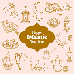 Obraz premium Happy Islamic new year greeting with lanterns, crescent moons, and traditional elements