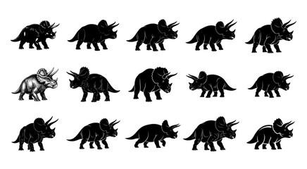Obraz premium Triceratops Silhouettes Collection On White Background Paleontology Illustration dinosaur reptile