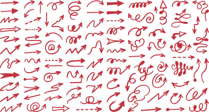 Hand drawn red arrows set featuring various shapes like curves straight lines spirals and dashed indicators on white background