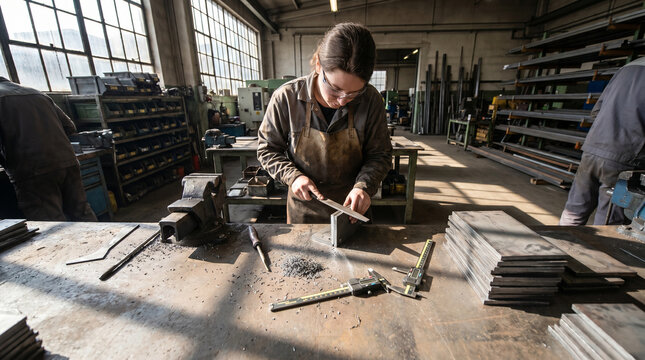 Female fabrication apprentice deburring steel parts at workshop table