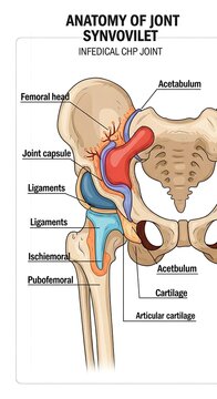Anatomy diagram of human hip joint synovial structure.