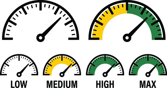 Speedometer gauge icons set showing low medium high and maximum levels with colorful indicator segments on a clean white background