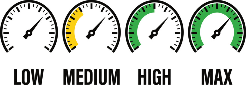 Speedometer gauge icons showing performance levels from low to maximum with colorful indicator bars on a clean white background design