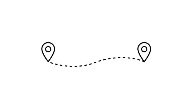 Two Black location pin icon animations connected by dotted path on white background and white screen.